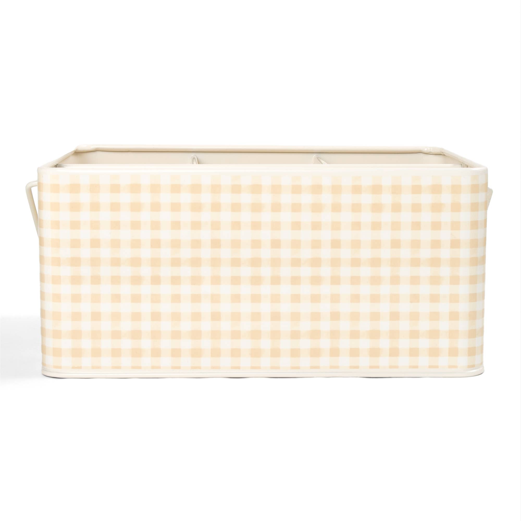 Beige Gingham Tin Utensil Caddy