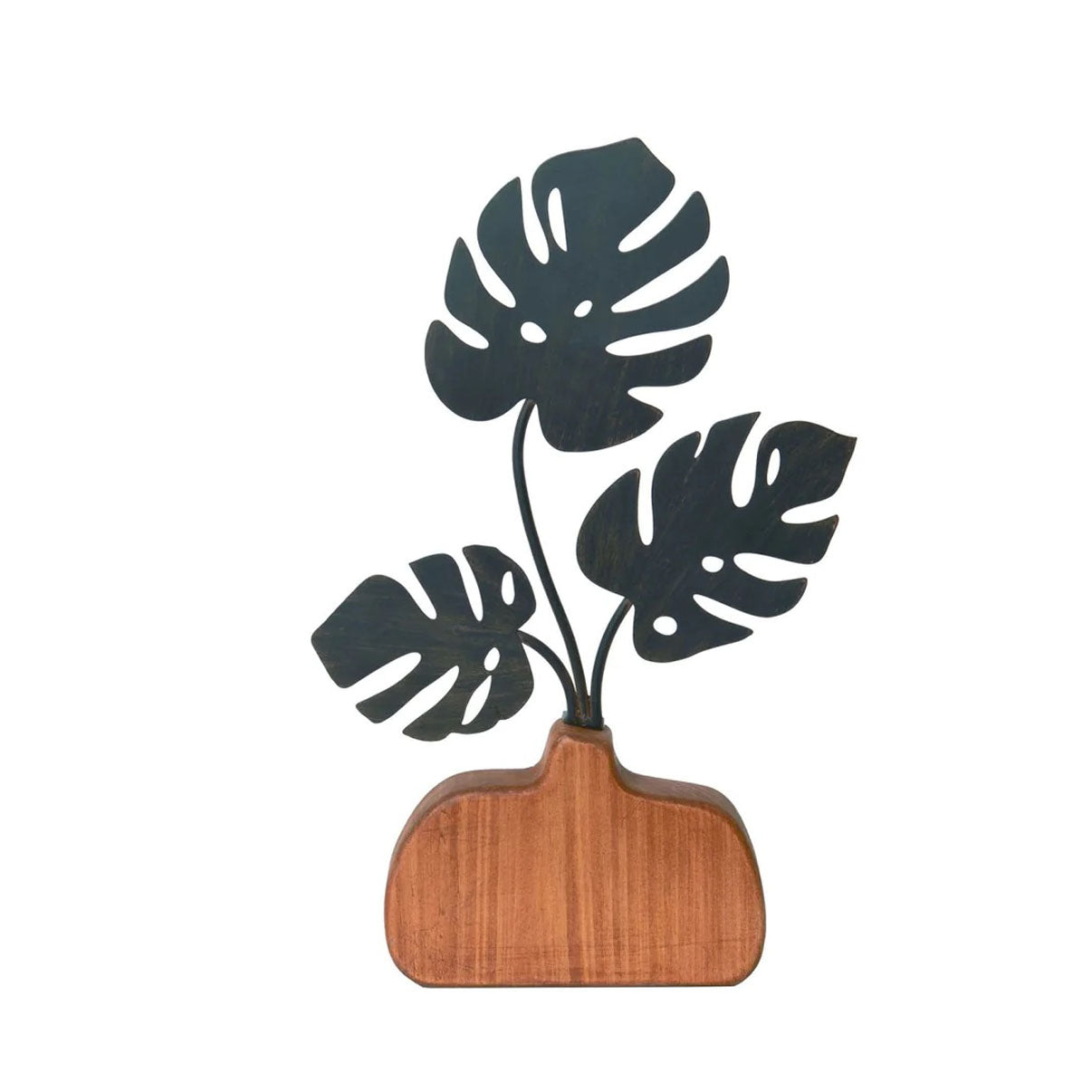 Metal Monstera in Wood Vase