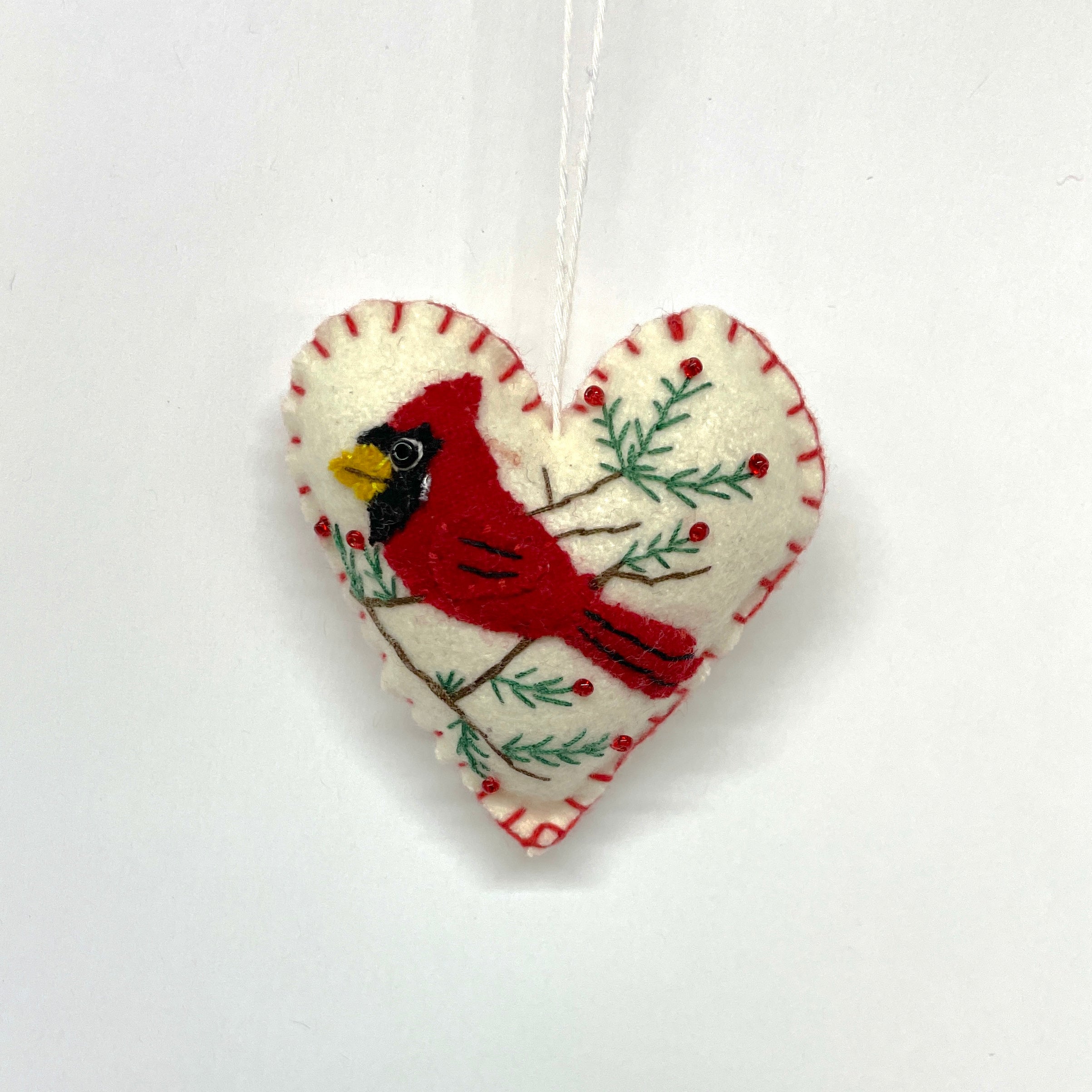 Embroidered Felt Heart Ornament - Cardinal