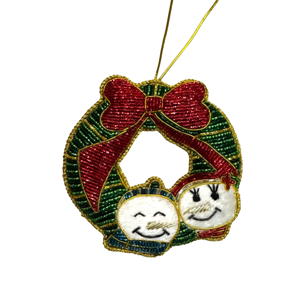 Wreath w/ Snowman Couple Ornament - Hand Embroidered