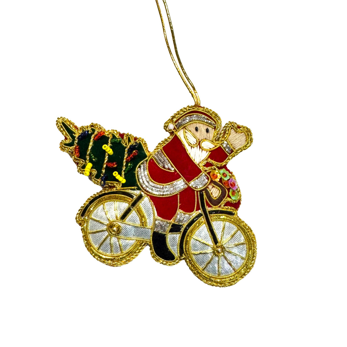 Santa on Bike Ornament - Hand Embroidered