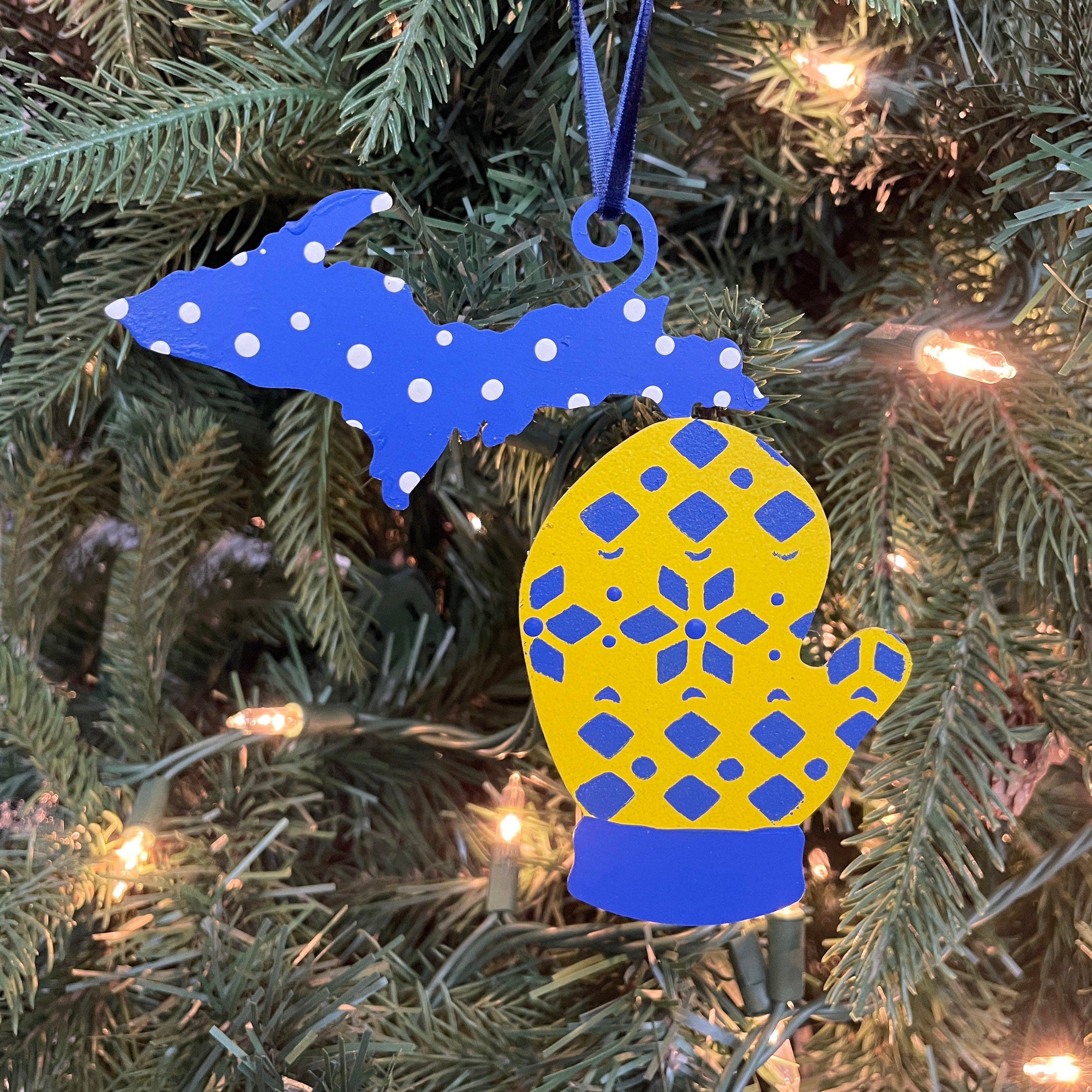 Michigan LP/UP Mitten Ornament Blue/Yellow