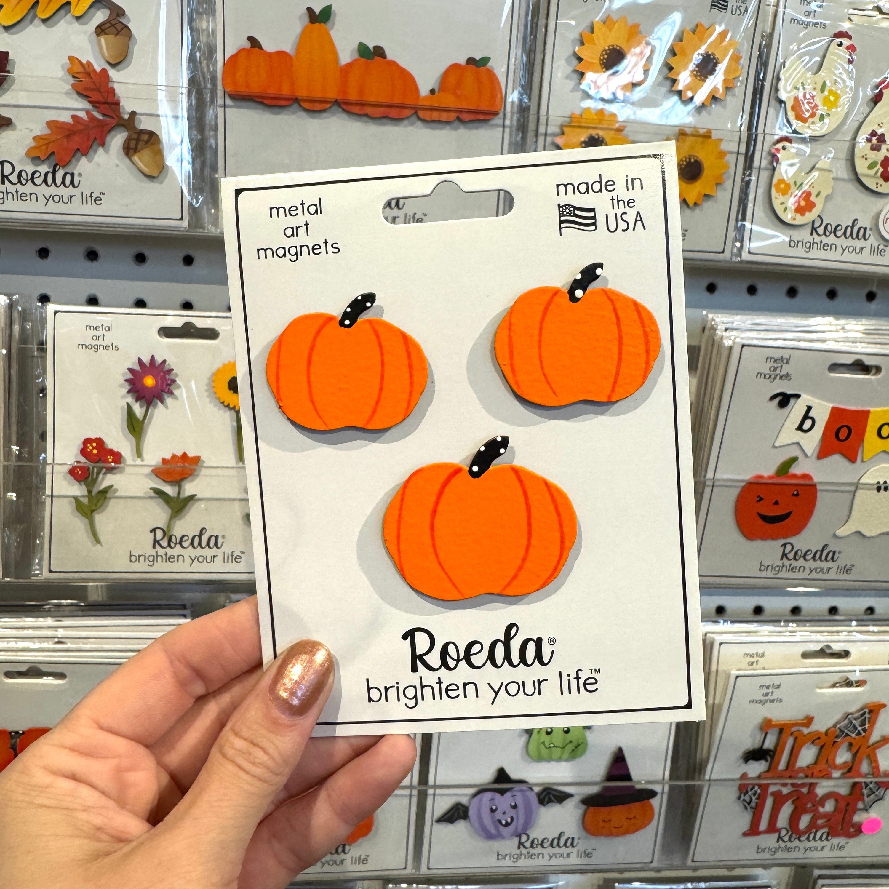 Hand holding a package of orange pumpkin-shaped metal art magnets with &