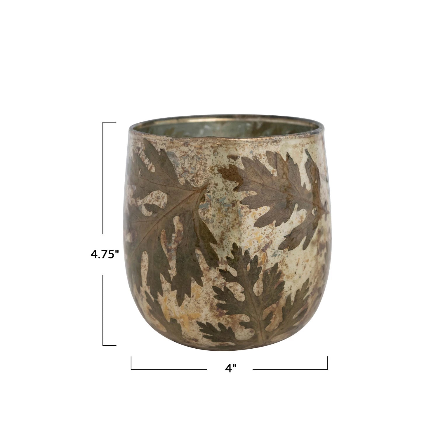 Mercury Glass Votive Holder w/ Embedded Natural Oak Leaves, Antique Gold Finish
