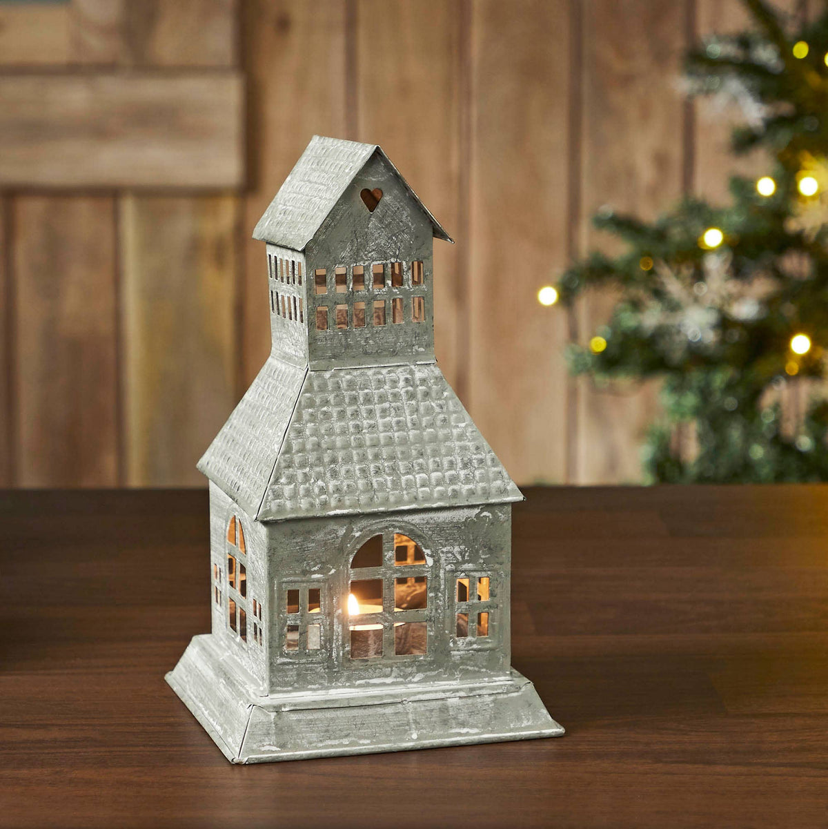 Metal Village House Tealight Holder (9.5")