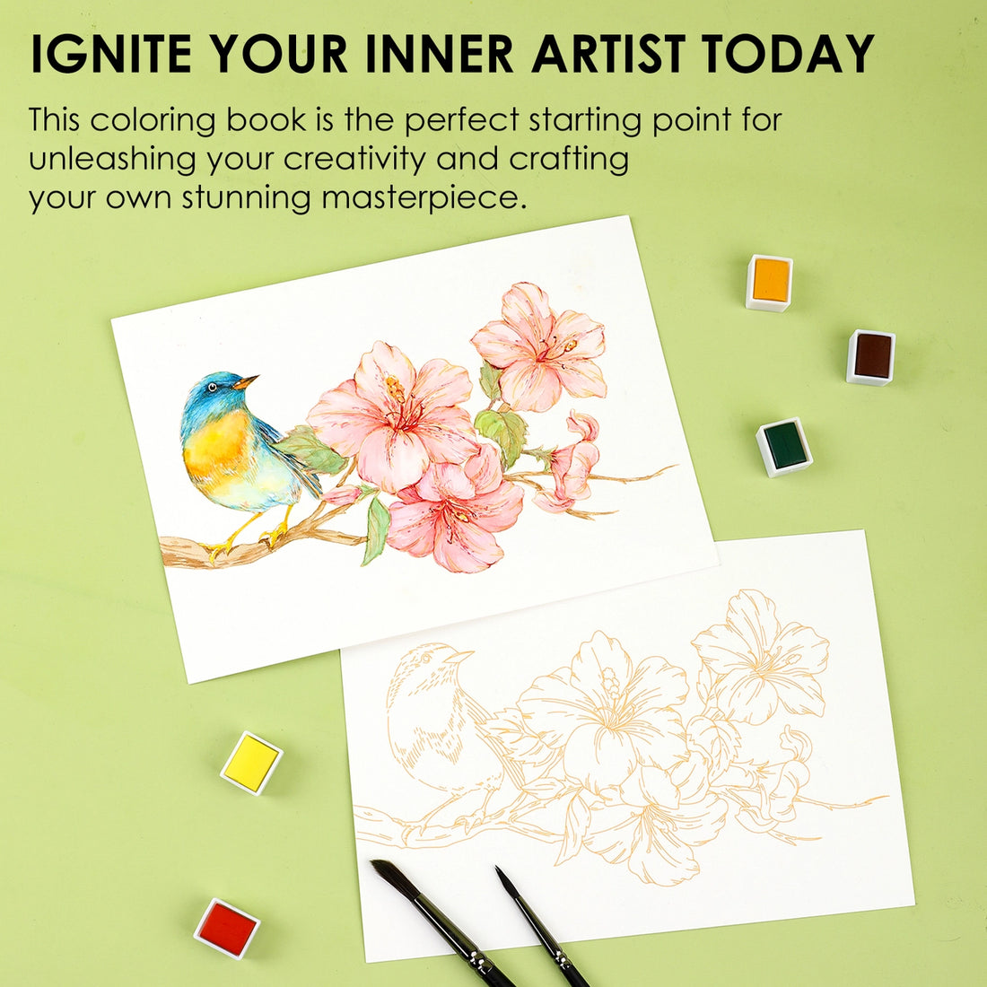 Floral-Themed Watercolor Coloring Book -15 Sheets 140lb