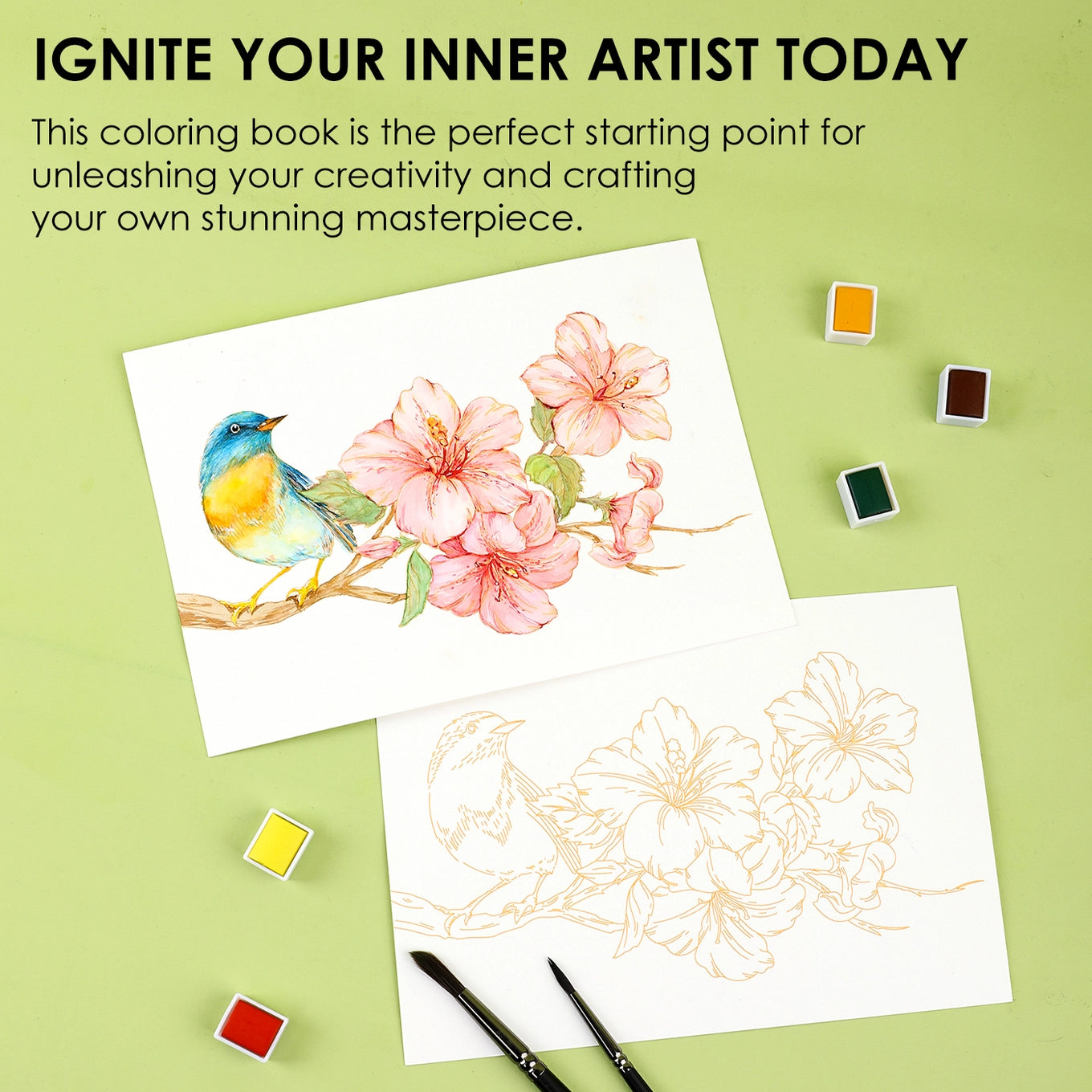 Floral-Themed Watercolor Coloring Book -15 Sheets 140lb
