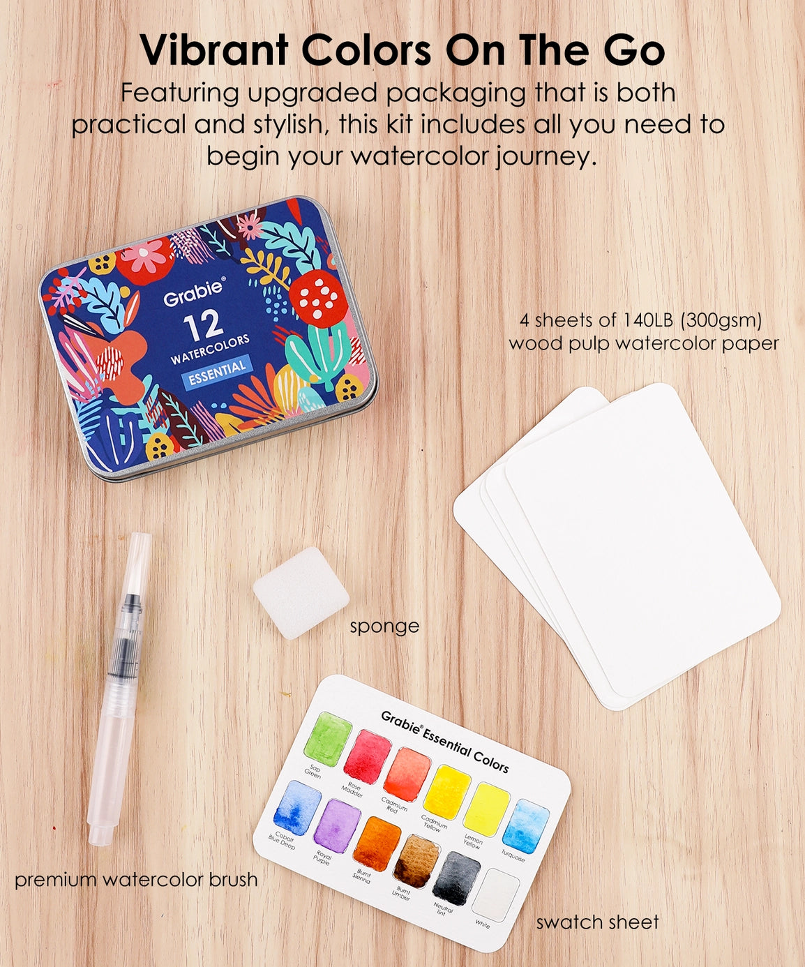 Watercolor Pocket Set of 12 with Brush - Essential Colors