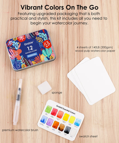 Watercolor Pocket Set of 12 with Brush - Essential Colors
