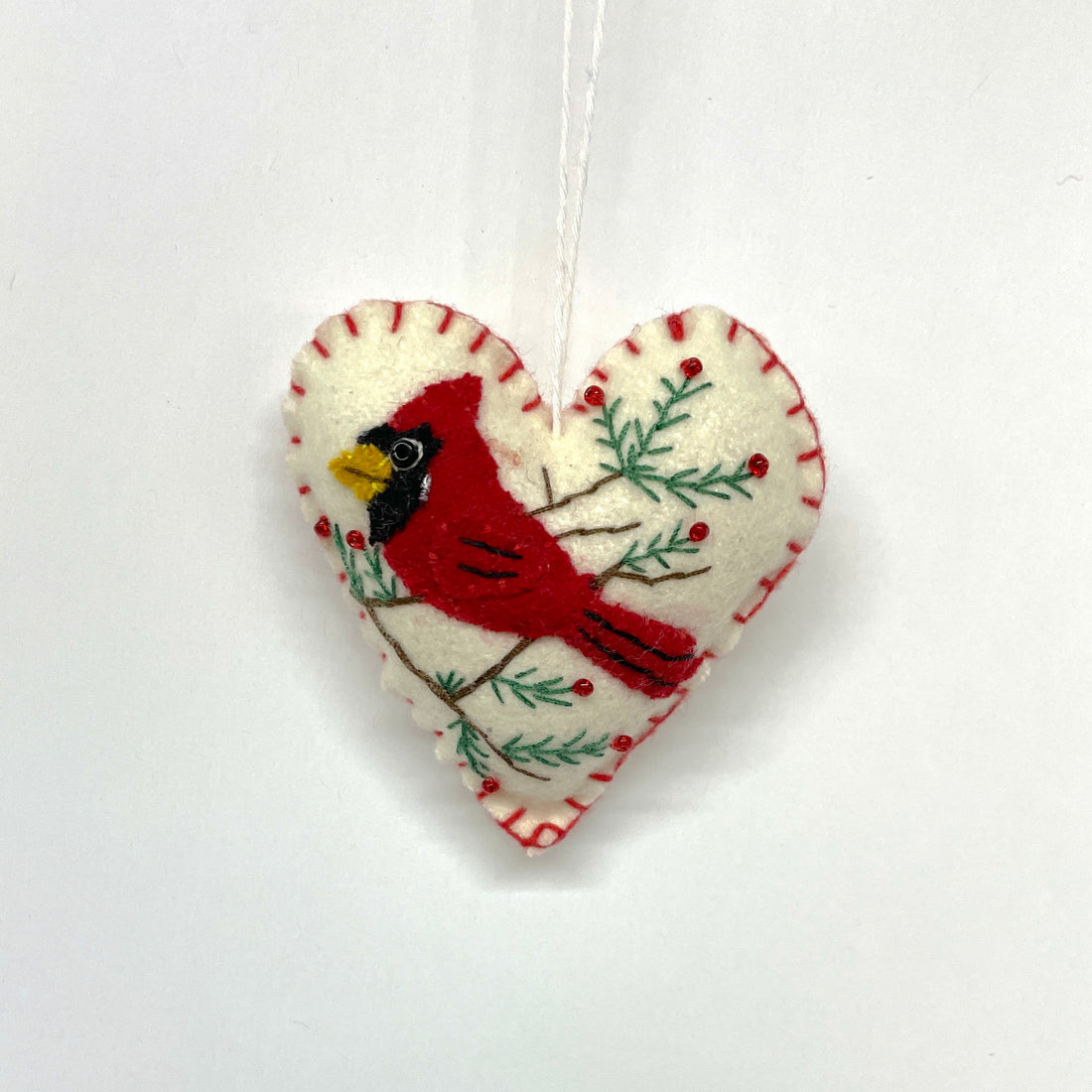 Embroidered Felt Heart Ornament - Cardinal