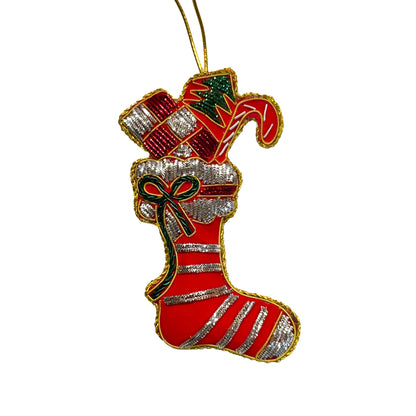 Red Stocking Ornament - Hand Embroidered