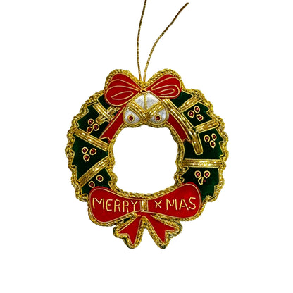Merry Xmas Wreath Ornament - Hand Embroidered