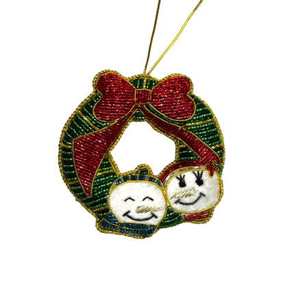 Wreath w/ Snowman Couple Ornament - Hand Embroidered