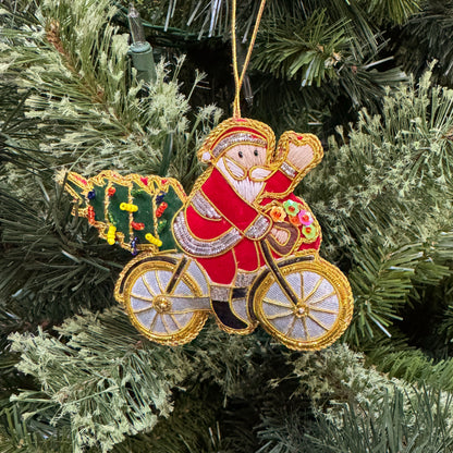 Santa on Bike Ornament - Hand Embroidered