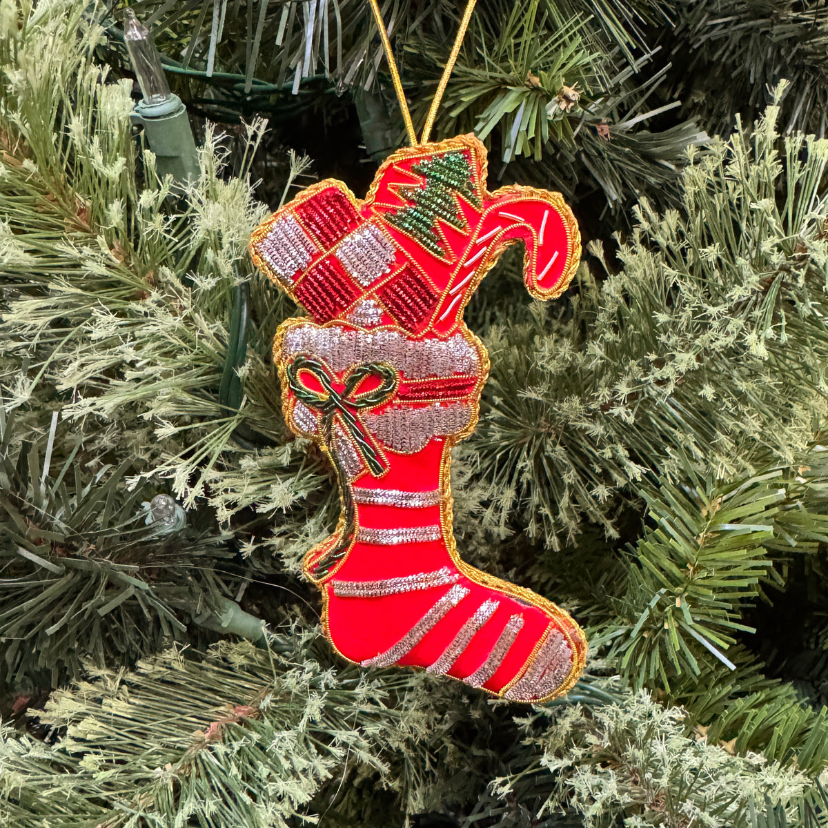 Red Stocking Ornament - Hand Embroidered