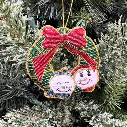 Wreath w/ Snowman Couple Ornament - Hand Embroidered