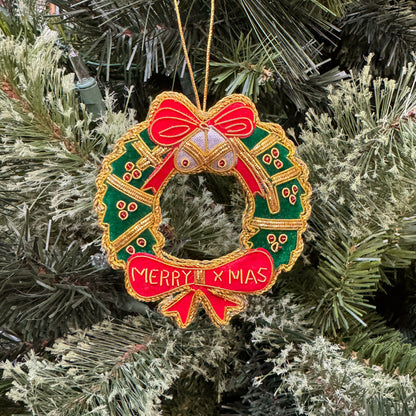 Merry Xmas Wreath Ornament - Hand Embroidered