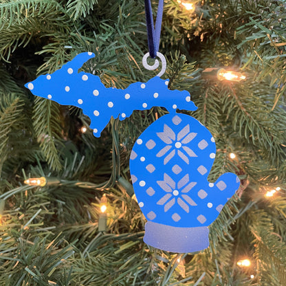 Michigan LP/UP Mitten Ornament Blue/Silver