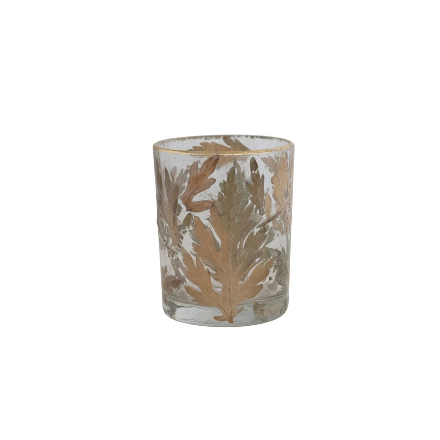Teelichthalter aus Glas mit eingebetteten natürlichen Eichenblättern und Goldrand