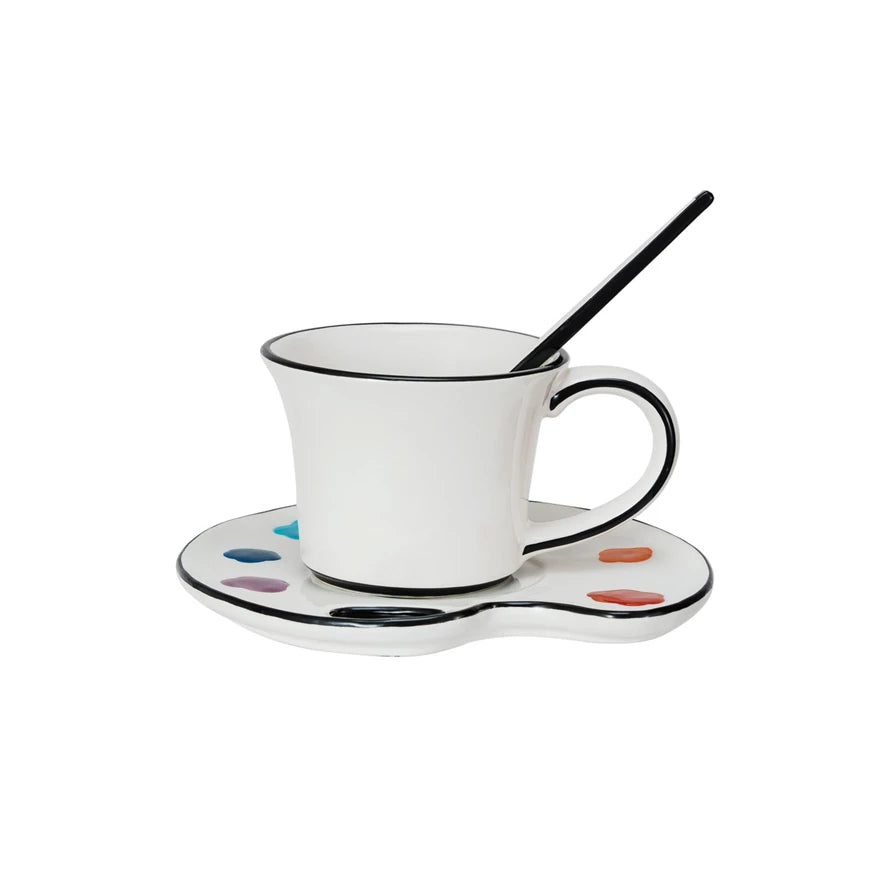 Ceramic Paint Palette Saucer w/ Teacup &amp; Brush Shaped Stirrer