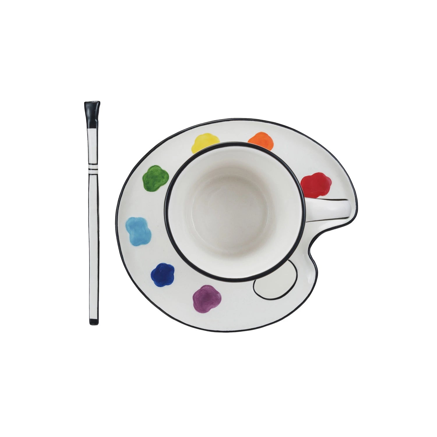 Ceramic Paint Palette Saucer w/ Teacup &amp; Brush Shaped Stirrer