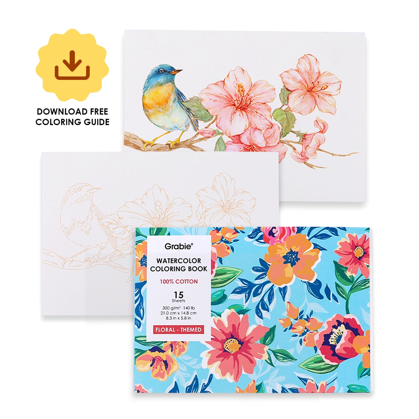 Floral-Themed Watercolor Coloring Book -15 Sheets 140lb