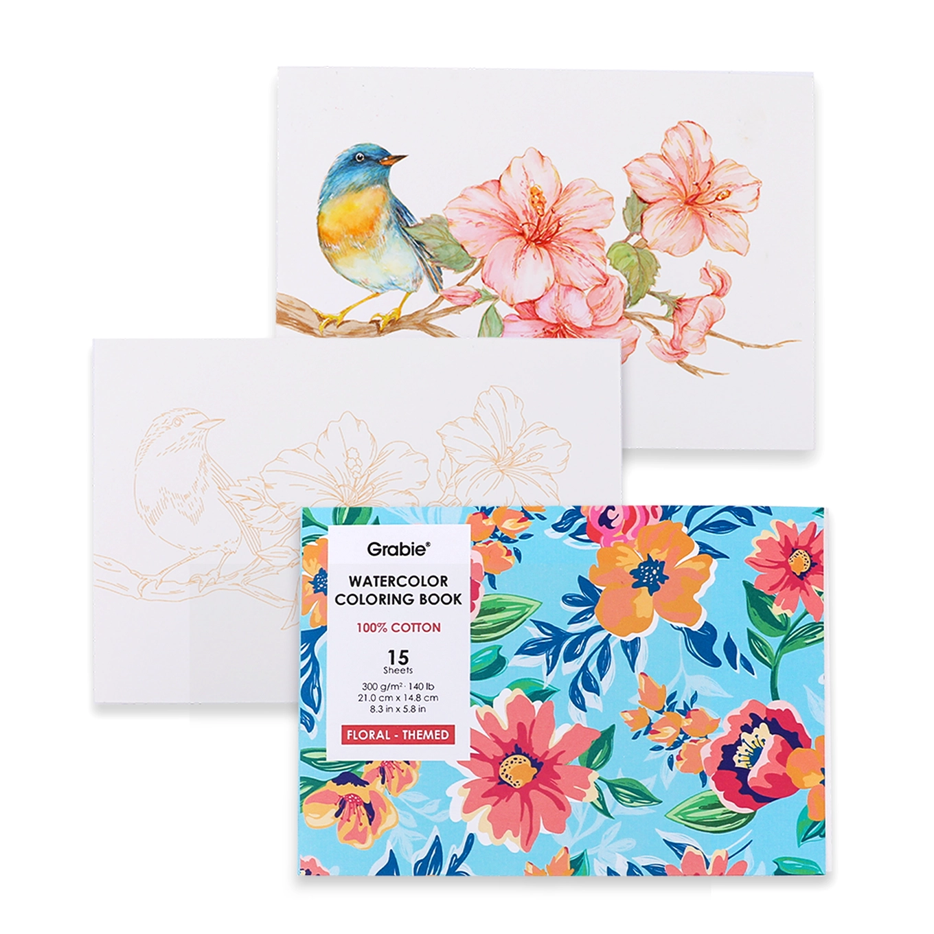 Floral-Themed Watercolor Coloring Book -15 Sheets 140lb